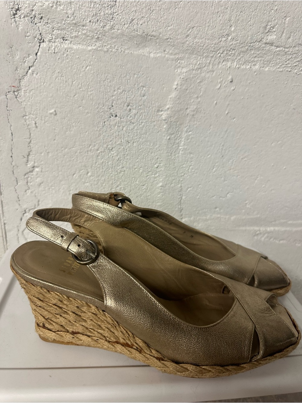 Stuart Weitzman Metallic Gold Peep-Toe Espadrille Wedges